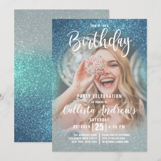 Cerulean Blue Triple Glitter Ombre Photo Birthday Invitation (Front/Back)