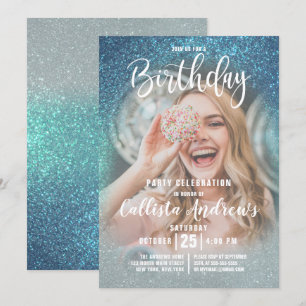 Cerulean Blue Triple Glitter Ombre Photo Birthday Invitation