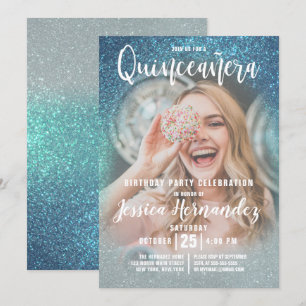 Cerulean Blue Triple Glitter Photo Quinceañera Invitation