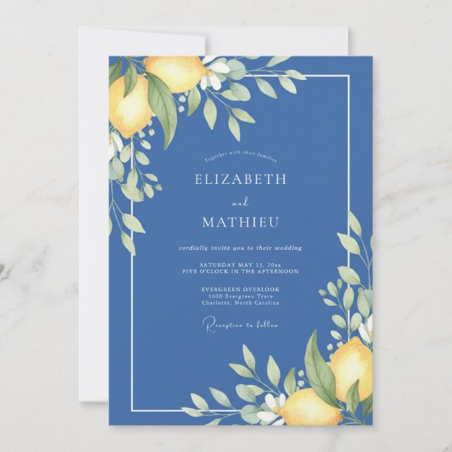 Cerulean Citrus Lemon Eucalyptus Wedding Invitation (Front)