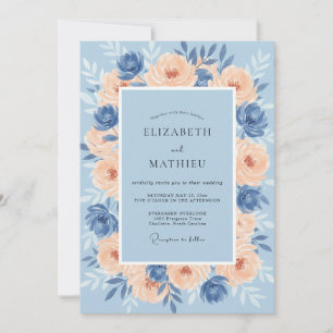 Cerulean Coral Ranunculus Eucalyptus Wedding Invitation