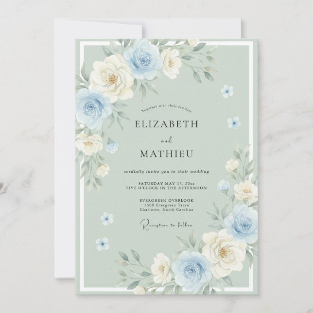 Cerulean Mint Blossom Wedding Invitation (Front)
