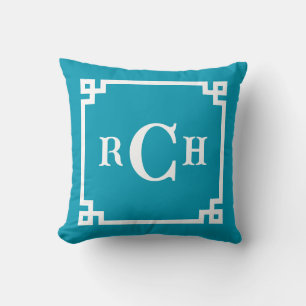 Cerulean Reverse Chinoiserie Greek Key Monogram Cushion