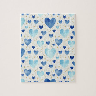Cerulean Sparkle   Blue & Gold Watercolor Hearts Jigsaw Puzzle