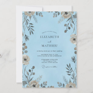 Cerulean Taupe Blossom Wedding Invitation