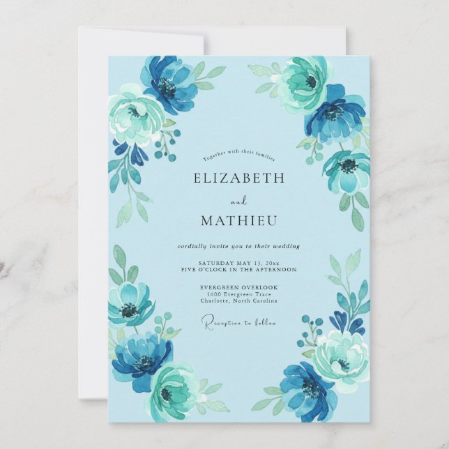 Cerulean Teal Bloom Wedding Invitation (Front)