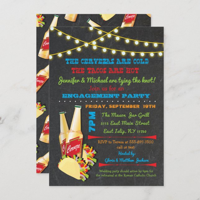Cervezas and tacos Engagement Party invitations (Front/Back)