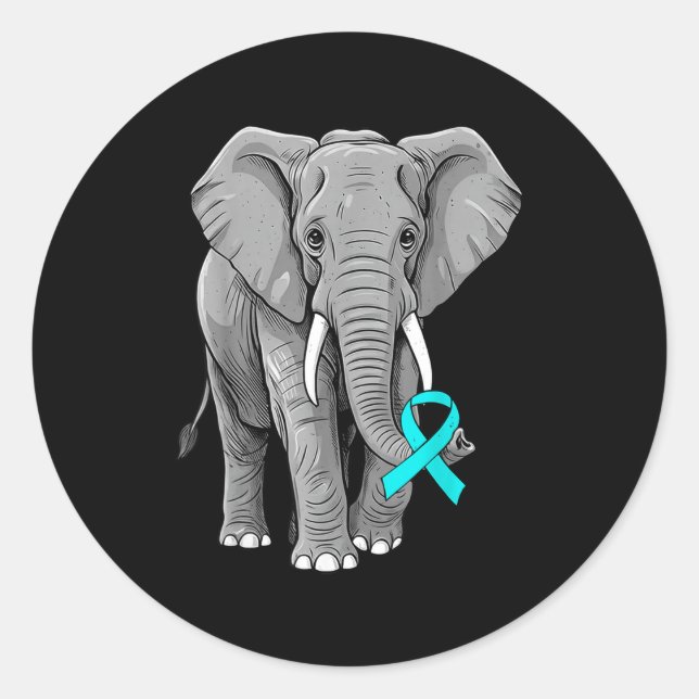Cervical Cancer Awareness Elephant Ribbon Teal Men Classic Round Sticker (Front)