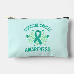 Cervical Cancer Awareness Floral Teal Ribbon Accessory Pouch