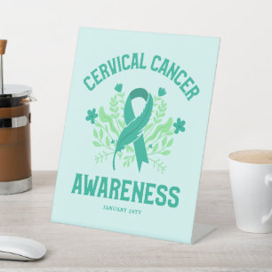Cervical Cancer Awareness Floral Teal Ribbon Pedestal Sign
