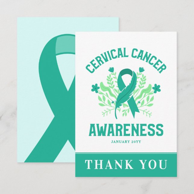 Cervical Cancer Awareness Floral Teal Ribbon Thank You Card (Front/Back)