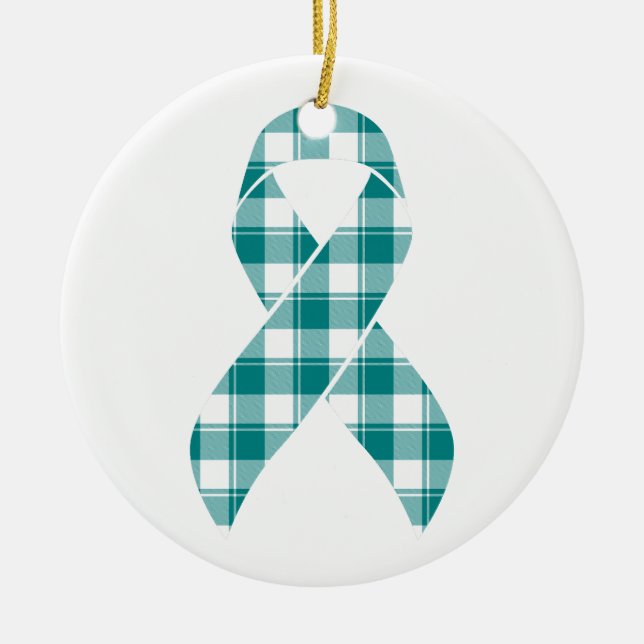 Cervical Cancer Awareness Plaid Teal Ribbon Ceramic Tree Decoration (Front)