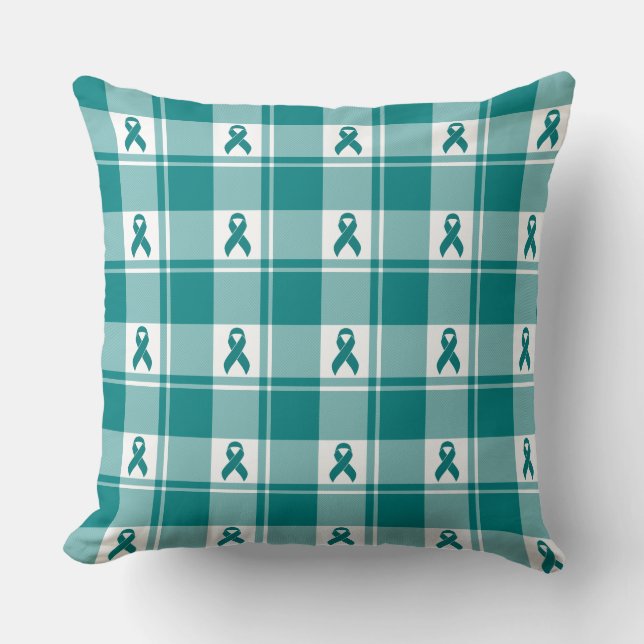 Cervical Cancer Awareness Plaid Teal Ribbon Cushion (Front)