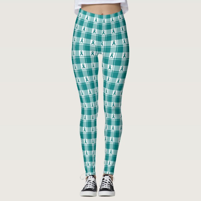 Cervical Cancer Awareness Plaid Teal Ribbon Leggings (Front)