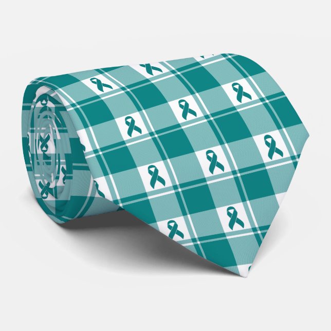 Cervical Cancer Awareness Plaid Teal Ribbon Tie (Rolled)