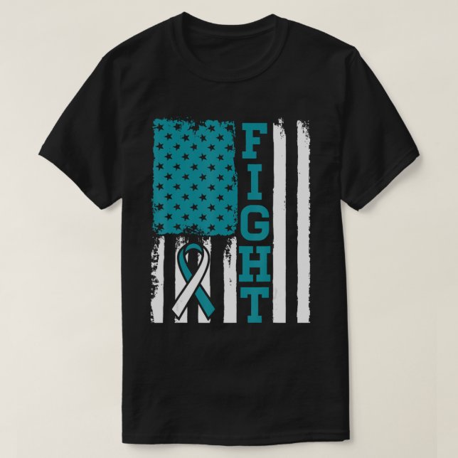 Cervical Cancer Awareness Teal White Ribbon Flag T T-Shirt (Design Front)