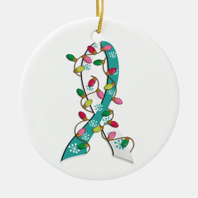Cervical Cancer Christmas Lights Ribbon Ceramic Tree Decoration (Front)