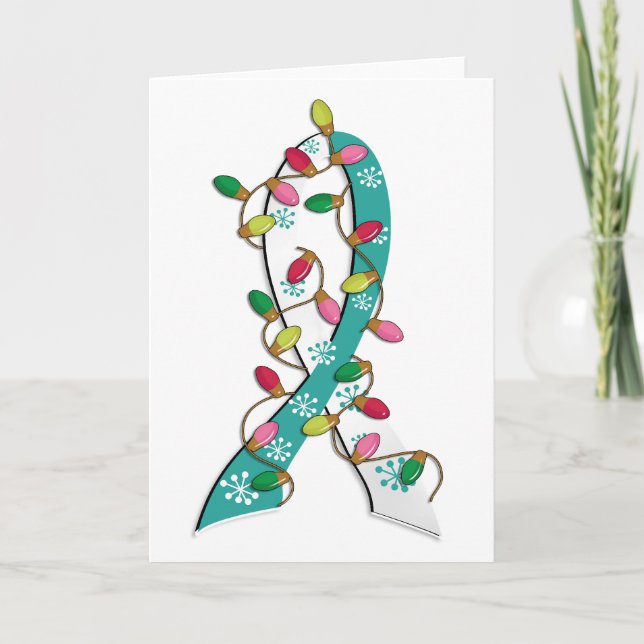 Cervical Cancer Christmas Lights Ribbon Holiday Card (Front)