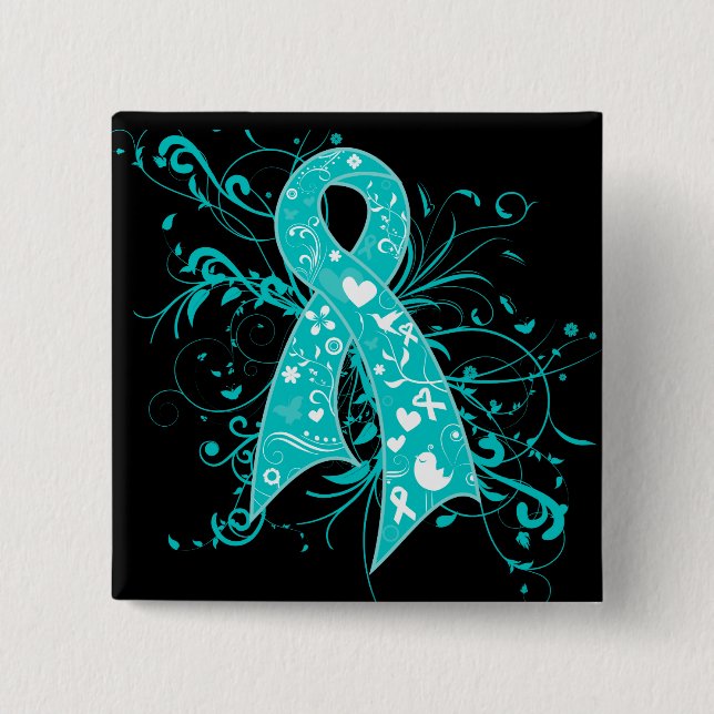 Cervical Cancer Floral Swirls Ribbon 15 Cm Square Badge (Front)