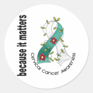 Cervical Cancer Flower Ribbon 3 Classic Round Sticker