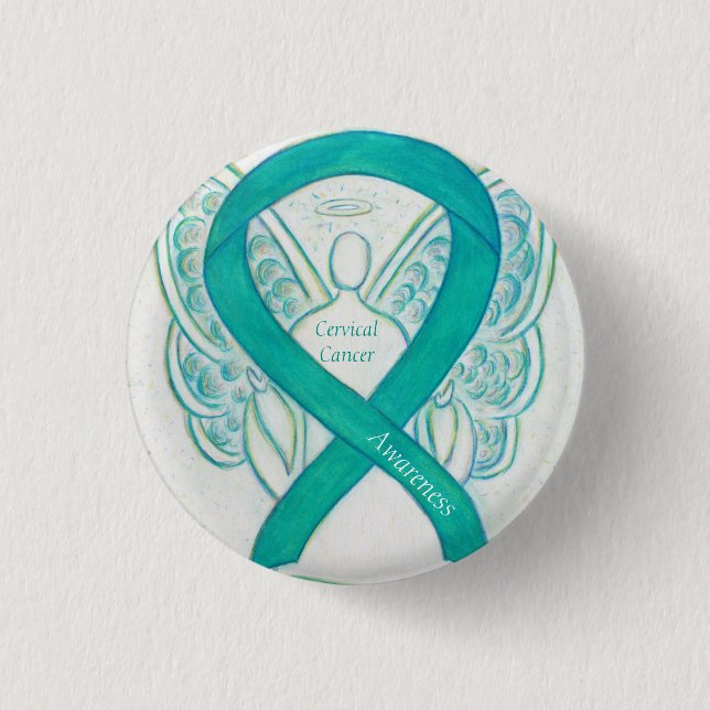 Cervical Cancer Teal Awareness Ribbon Angel Button (Front)