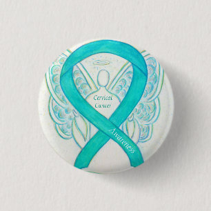 Cervical Cancer Teal Awareness Ribbon Angel Button