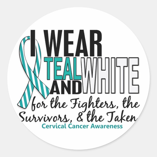 CERVICAL CANCER Teal White For Fighters Survivors Classic Round Sticker (Front)