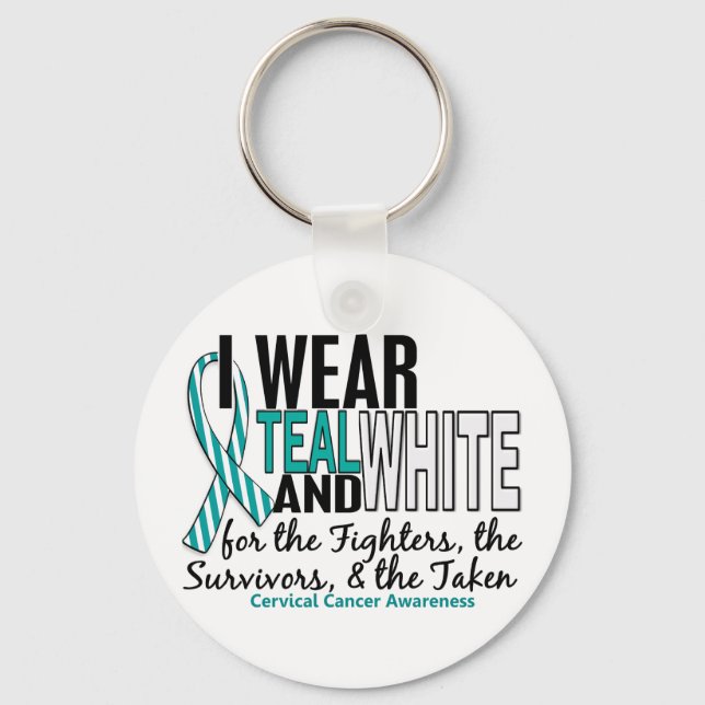 CERVICAL CANCER Teal White For Fighters Survivors Key Ring (Front)