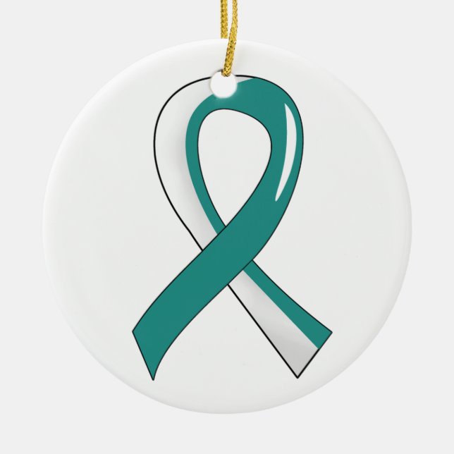 Cervical Cancer Teal White Ribbon 3 Ceramic Tree Decoration (Front)