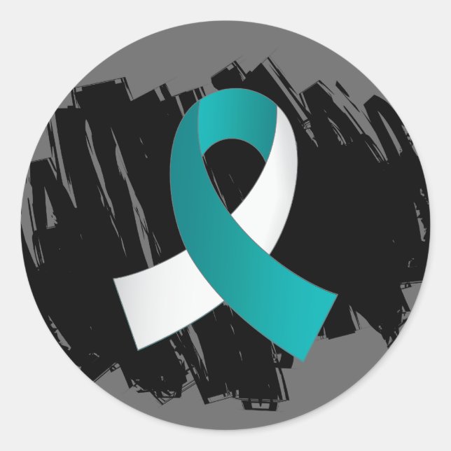 Cervical Cancer Teal White Ribbon With Scribble Classic Round Sticker (Front)