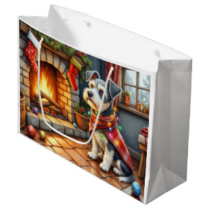 Cesky Terrier Fireplace with Christmas Lights Large Gift Bag