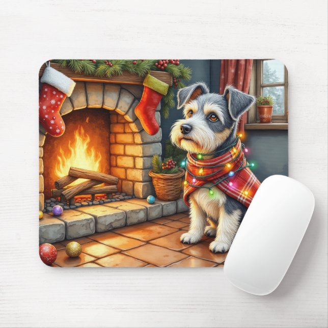 Cesky Terrier Fireplace with Christmas Lights Mouse Mat (With Mouse)