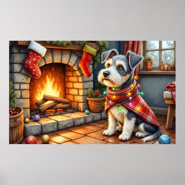 Cesky Terrier Fireplace with Christmas Lights Poster (Front)