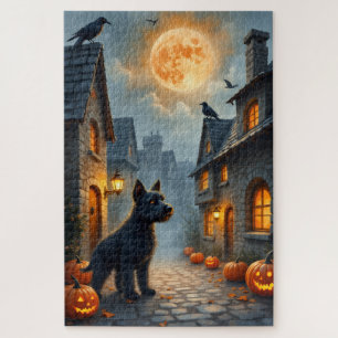 Cesky Terrier Mediaeval Halloween Village Art Jigsaw Puzzle