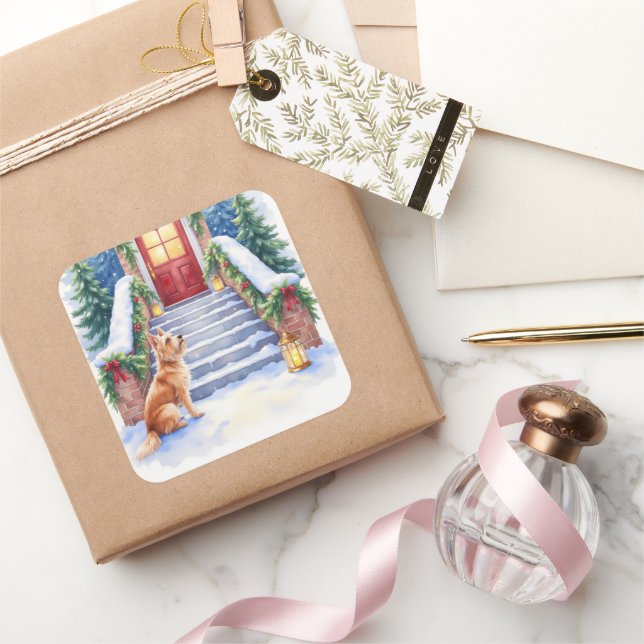 Cesky Terrier Snowy Staircase Christmas Art Square Sticker (Gifting)