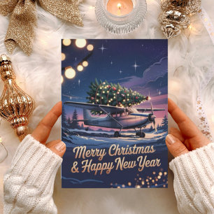 Cessna Aeroplane carries Christmas Tree Photo Funn Holiday Card