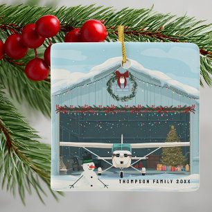 Cessna Airplane Christmas Tree in Hangar Vintage Ceramic Ornament