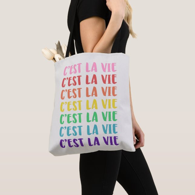 C'est La Vie French Saying Rainbow Typography Tote Bag (Close Up)
