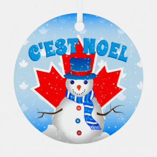 C'EST NOEL Canadian Maple Leaf Snowman Christmas Metal Tree Decoration