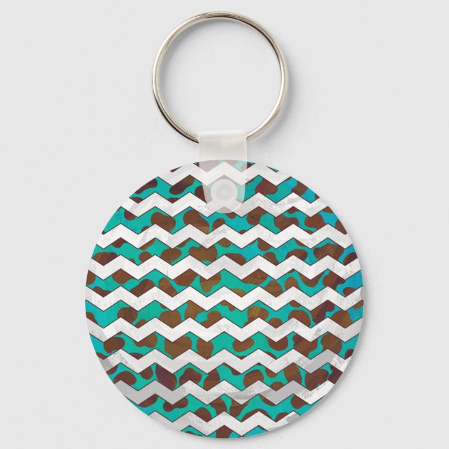 Cevron Dalmatian Brown and Teal Key Ring (Front)