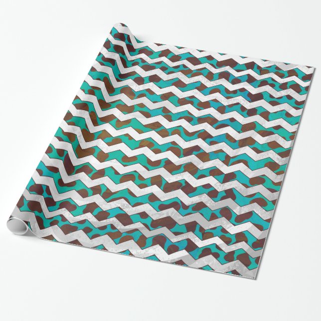 Cevron Dalmatian Brown and Teal Wrapping Paper (Unrolled)