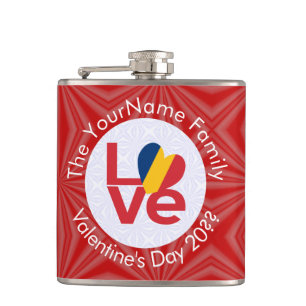 Chad Red LOVE Flag Personalised  Hip Flask