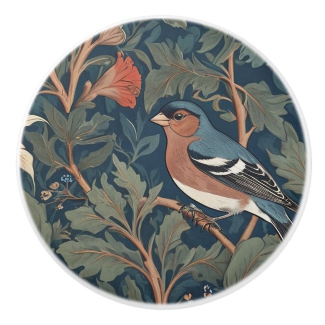 Chaffinch William Morris style Left facing Bird Ceramic Knob (Front)