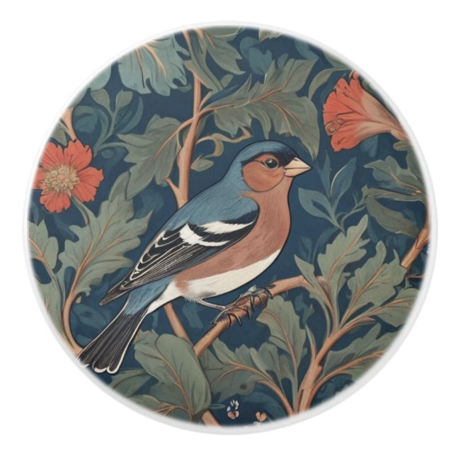Chaffinch William Morris style Right facing Bird Ceramic Knob (Front)