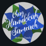 Chag Hanukkah Sameach - Blue Poinsettia Hanukkah Classic Round Sticker<br><div class="desc">Blue Poinsettia Hanukkah classic round sticker with grey background and Chag Hanukkah Sameach(Happy Hanukkah Holiday) saying,  below is your family name which you can personalise. A beautiful sticker to close Hanukkah greeting card envelopes or to seal Hanukkah gifts.</div>