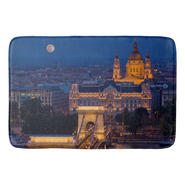 Chain Bridge and Full Moon at Night Bath Mat (Front)