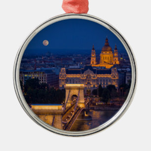 Chain Bridge and Full Moon at Night Metal Tree Decoration