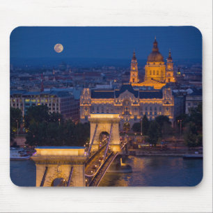 Chain Bridge and Full Moon at Night Mouse Mat