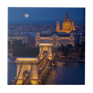 Chain Bridge and Full Moon at Night Tile