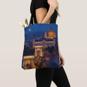 Chain Bridge and Full Moon at Night Tote Bag